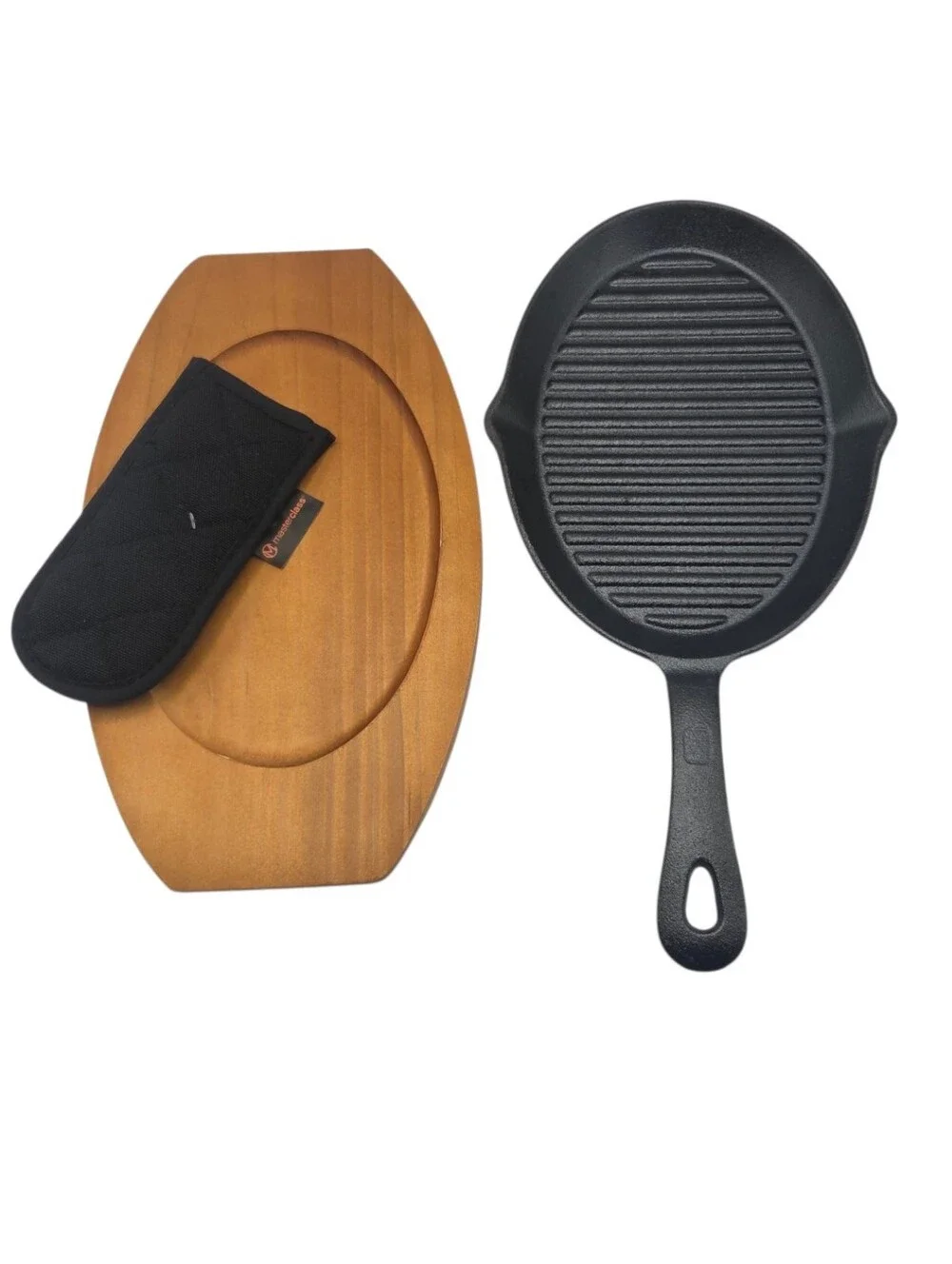 Masterclass Cookware 3pc Cast‎ Iron Pan Fajita Set Wooden Trivet And Handle Mitt